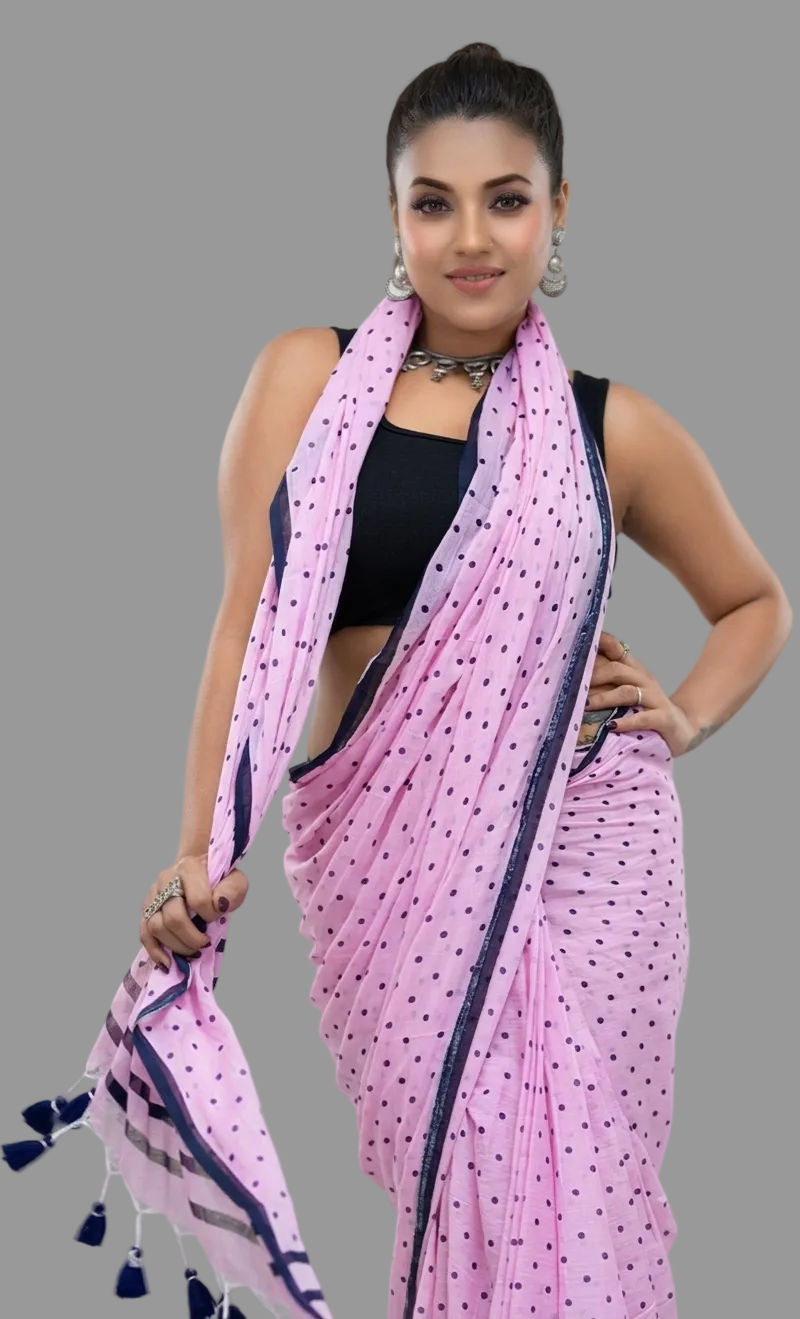 Pastel Pink Printed Polka Dot Malcotton Saree