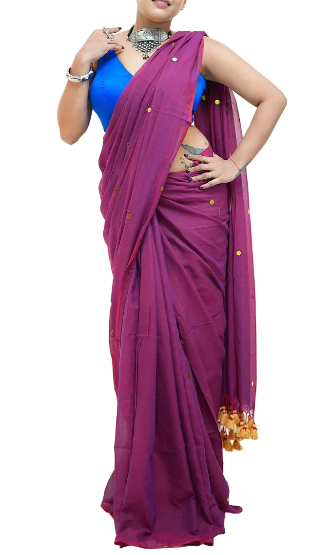 Plum Magenta Organza Saree with Gold Sequin Accents