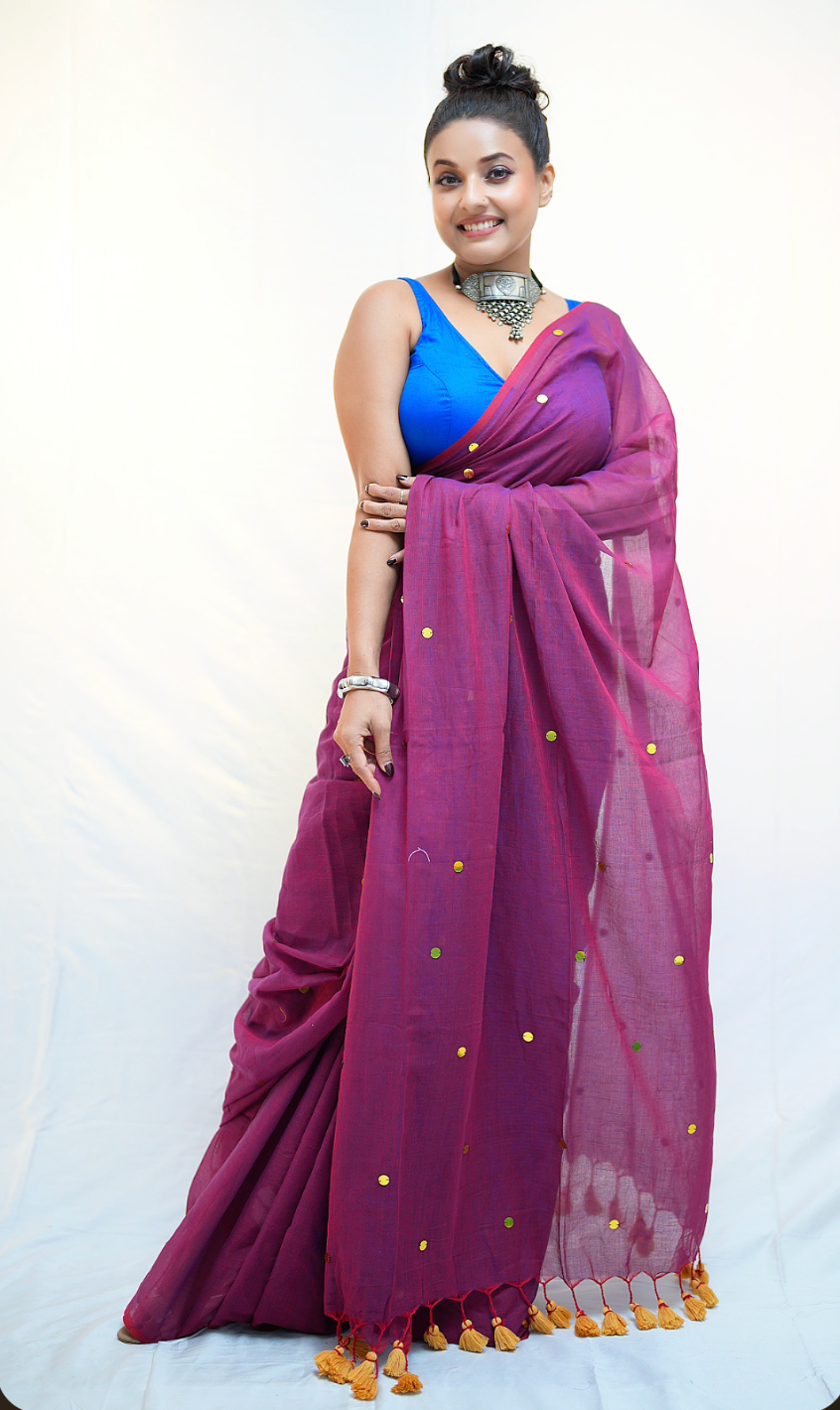 Plum Magenta Organza Saree with Gold Sequin Accents