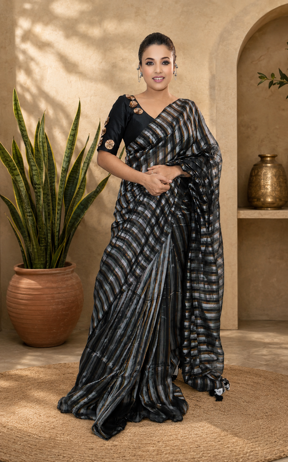 Malcotton zari stripe saree with running plane blouse piece