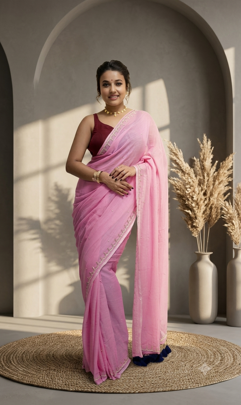 Babypink Malcotton Zardusi Work Saree