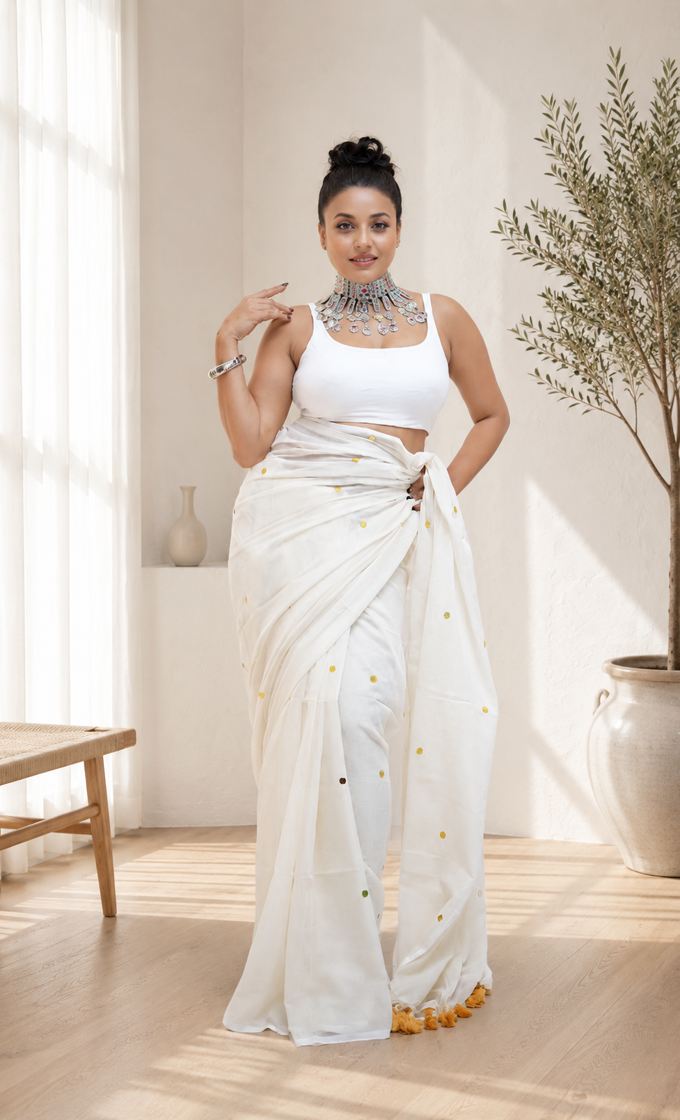 White Malcotton Sitara Work Saree