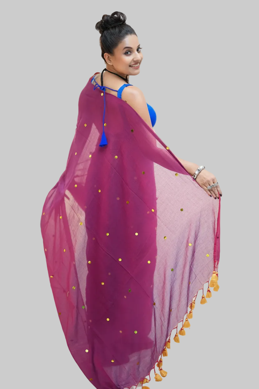 Plum Magenta Organza Saree with Gold Sequin Accents