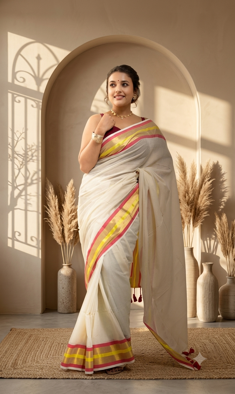 Traditional White Onam Special Kasavu Saree