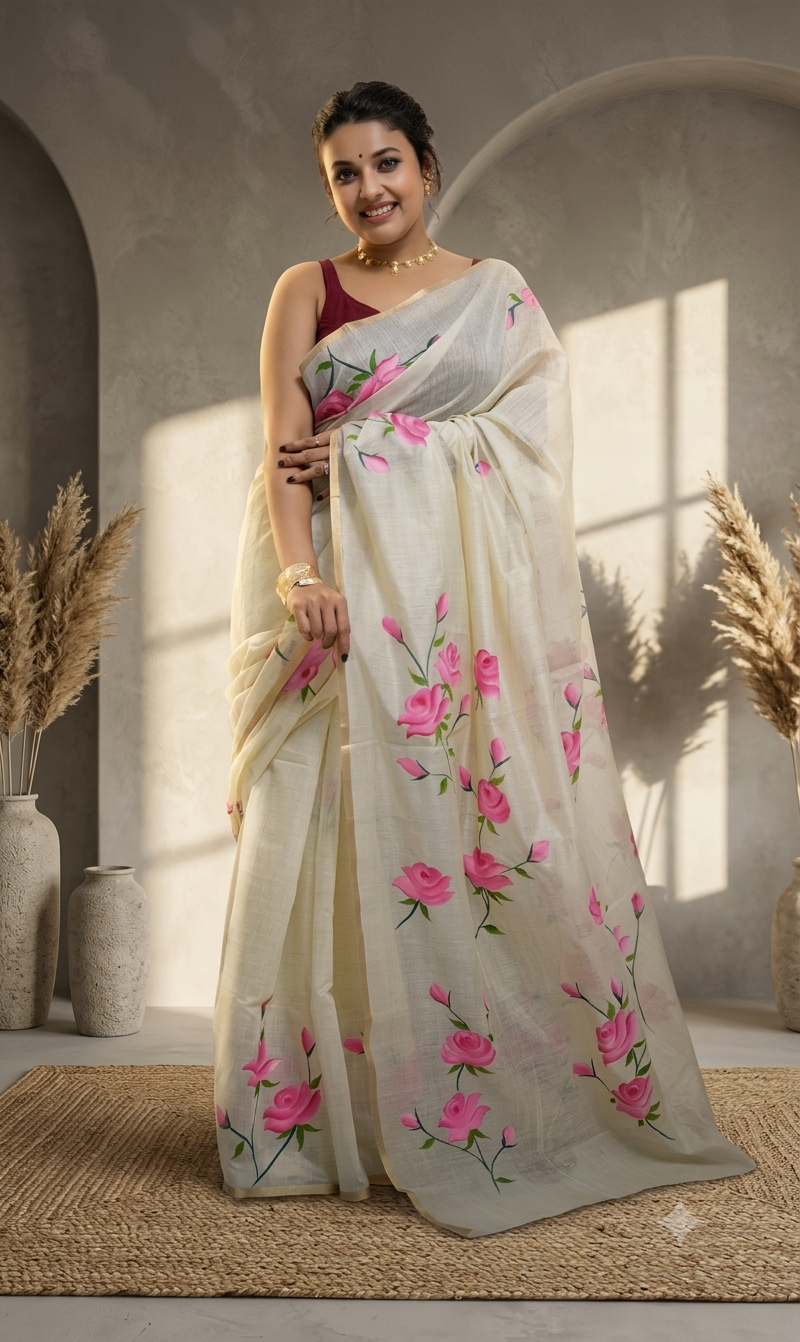 Exquisite Hand-Painted Floral Saree with Running Blouse Piece