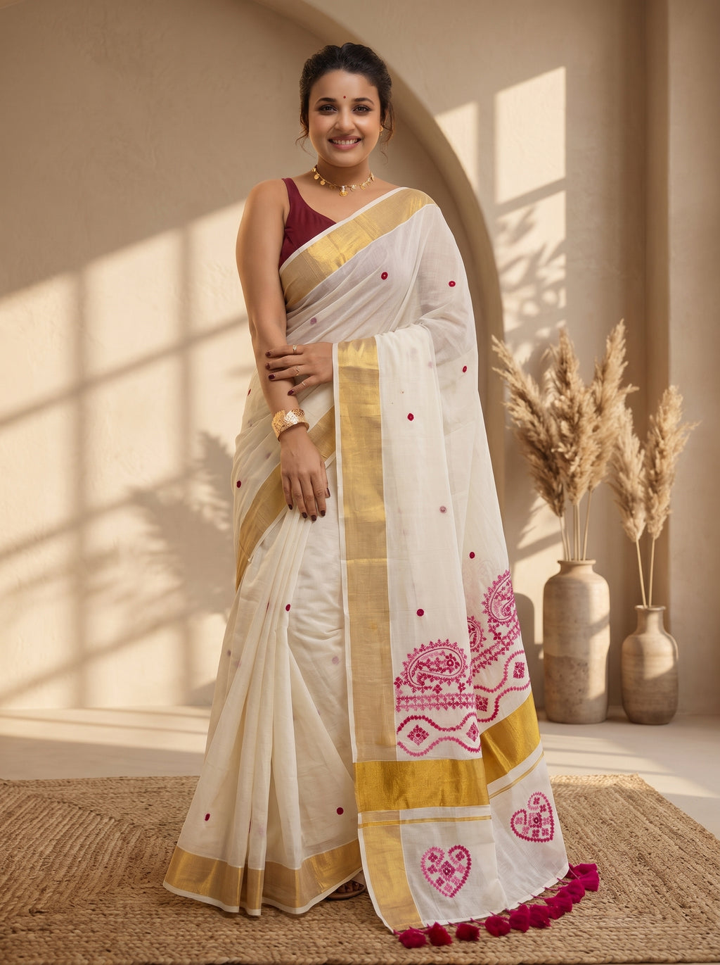 Kerala cotton with Bulian Hand Stitch work saree