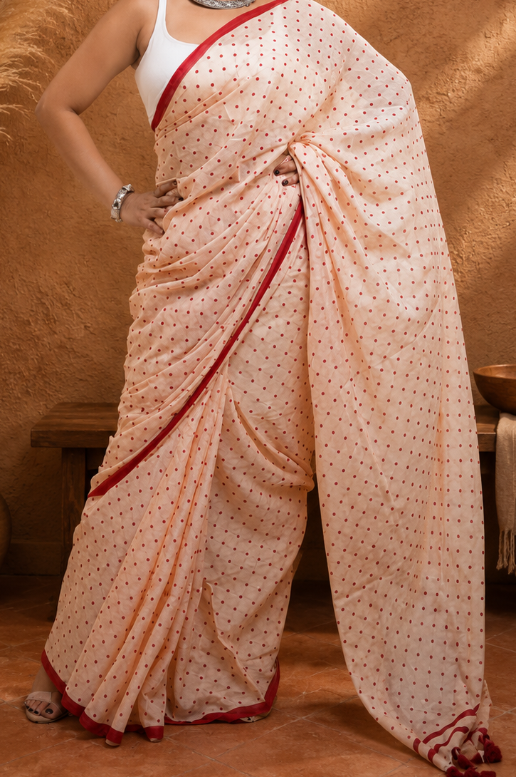 Peach polka Malcotton Saree