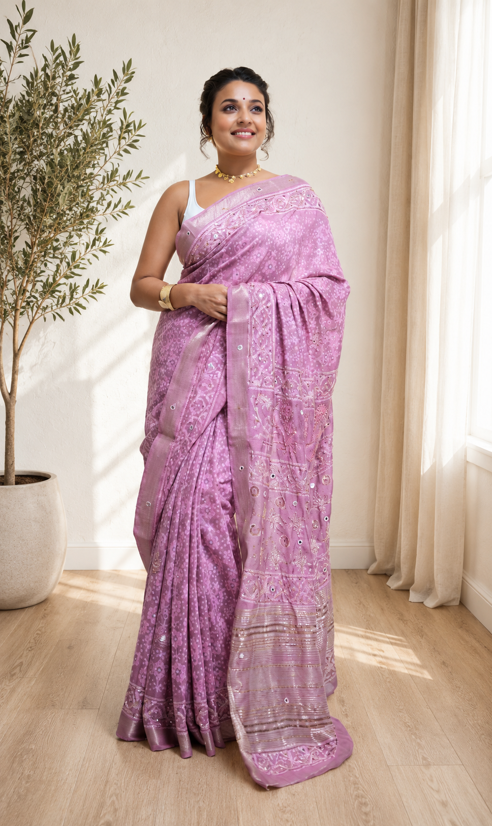 Cotton Silk Bagru Print Saree with Real Mirror & Zardozi Work