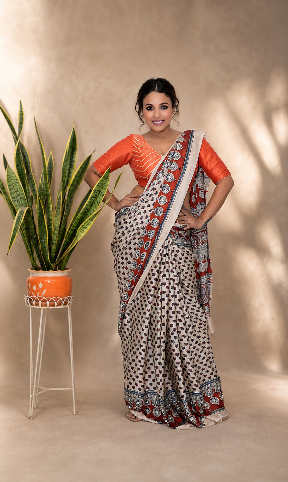 Modal silk ajrak print saree with running blouse piece