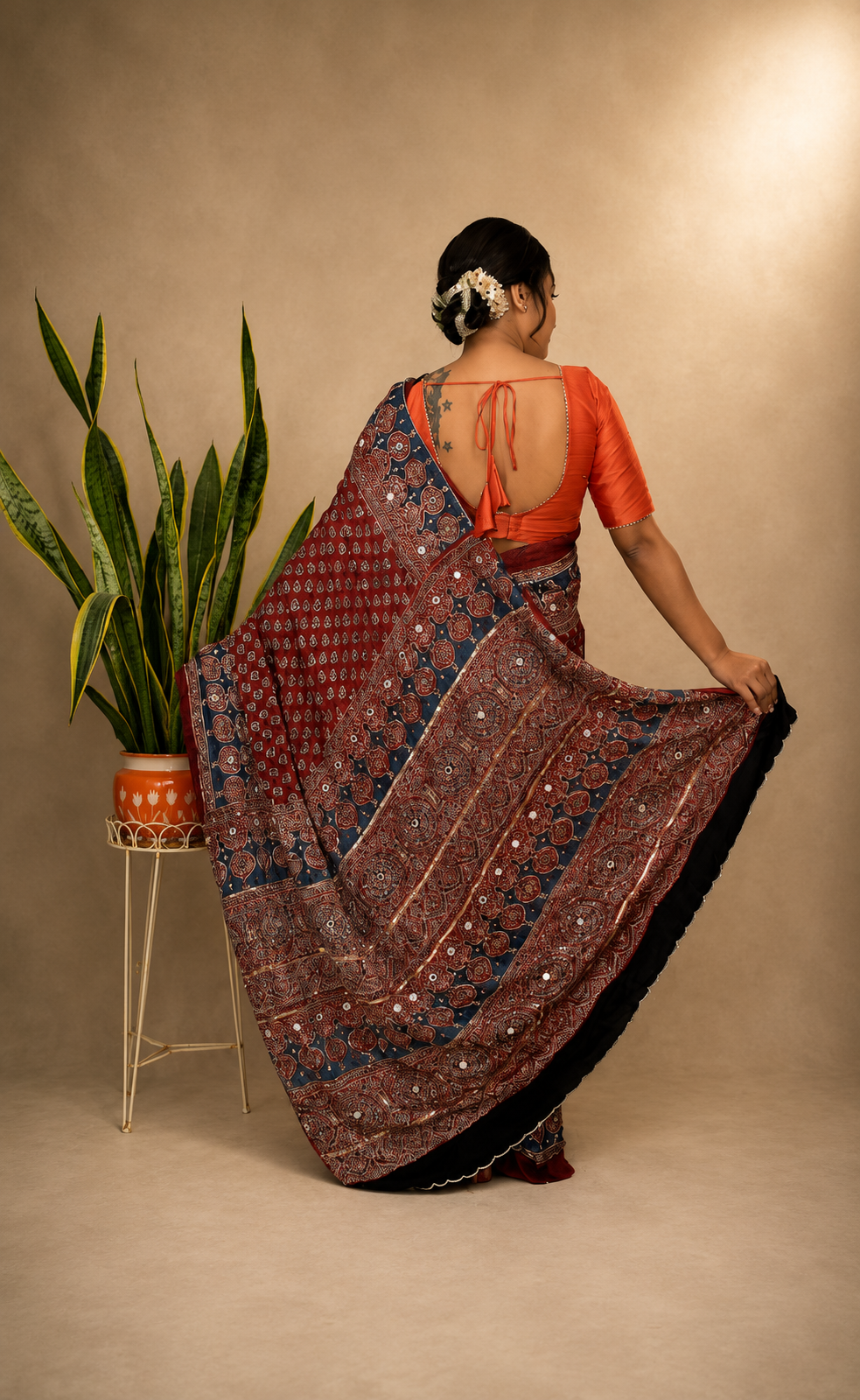 Modal silk ajrak zardusi hand work saree with running blouse piece
