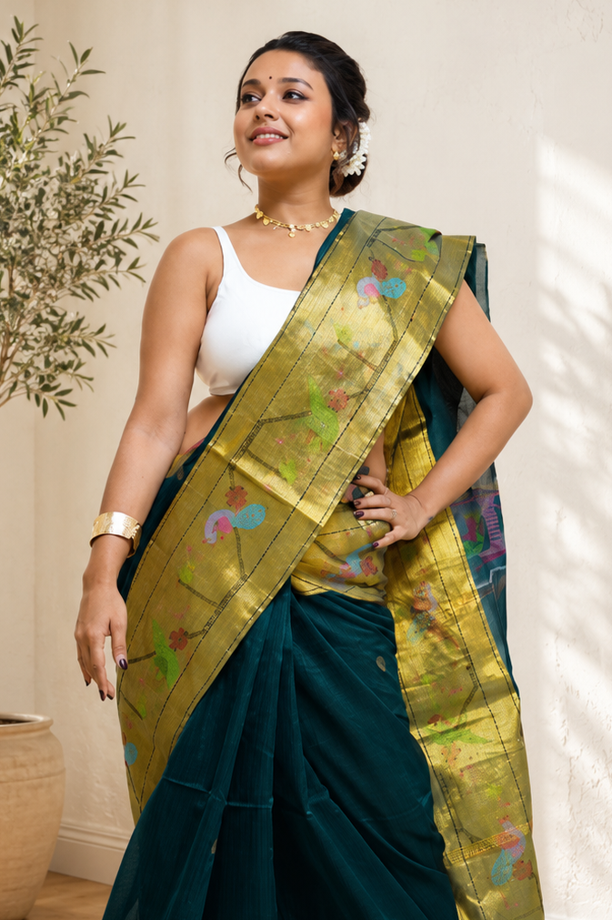 Handloom Paithani Saree in Deep Teal Green With Blouse Piece