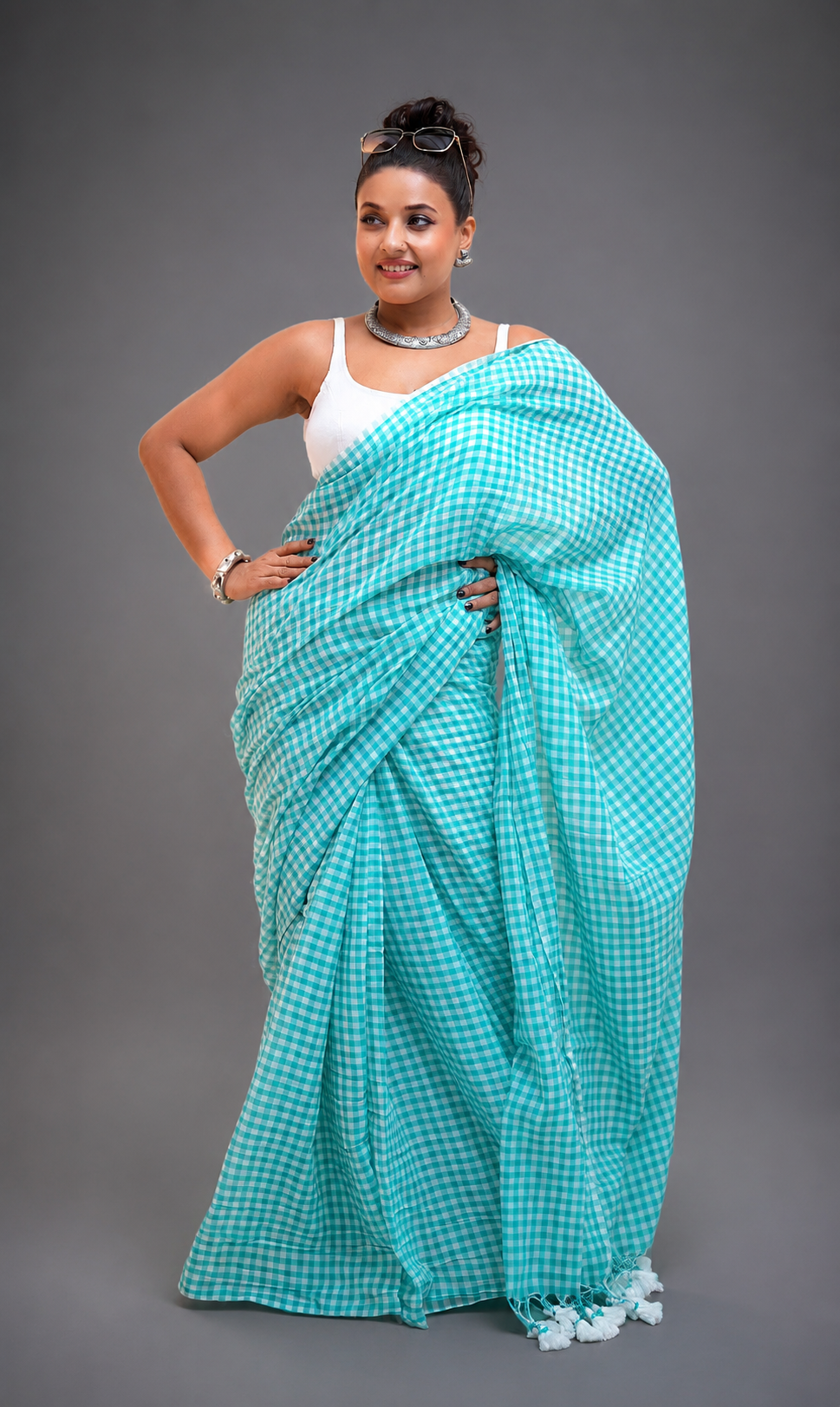 SkyBlue Checks Malcotton Saree
