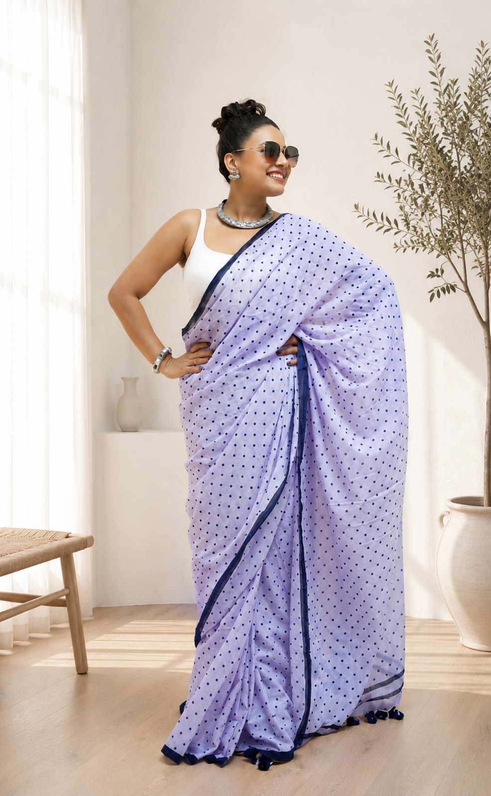Chic Lavender Polka Dot Mal Cotton Saree