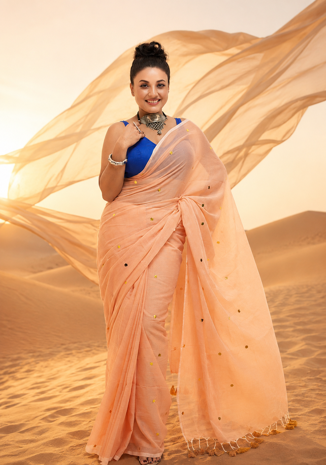 Peach Mal Cotton Sitara Saree