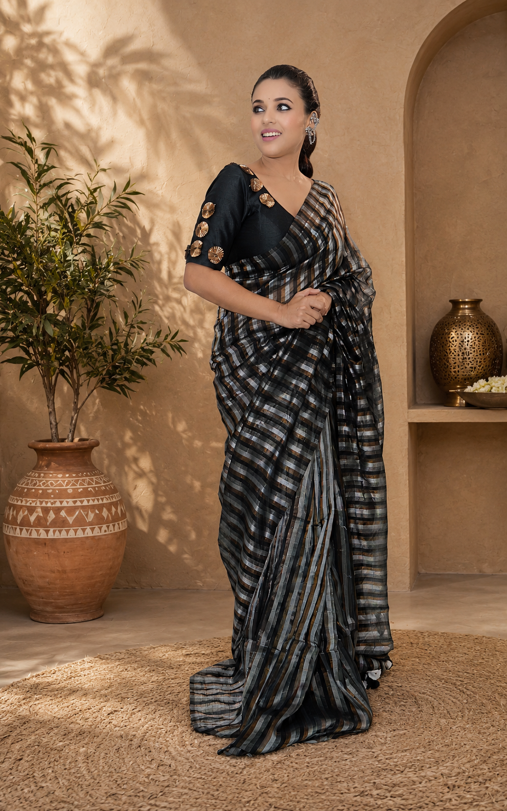 Malcotton zari stripe saree with running plane blouse piece