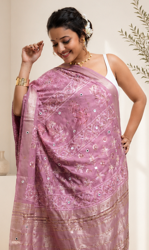 Cotton Silk Bagru Print Saree with Real Mirror & Zardozi Work