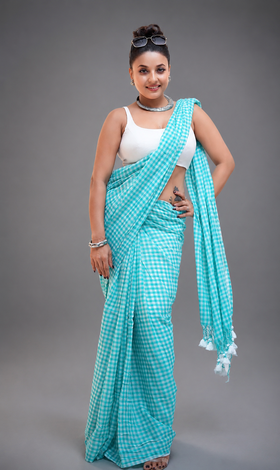 SkyBlue Checks Malcotton Saree