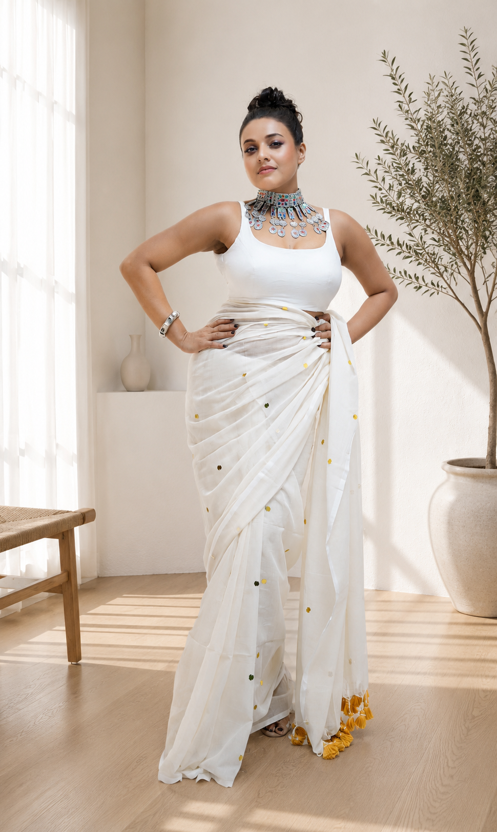 White Malcotton Sitara Work Saree