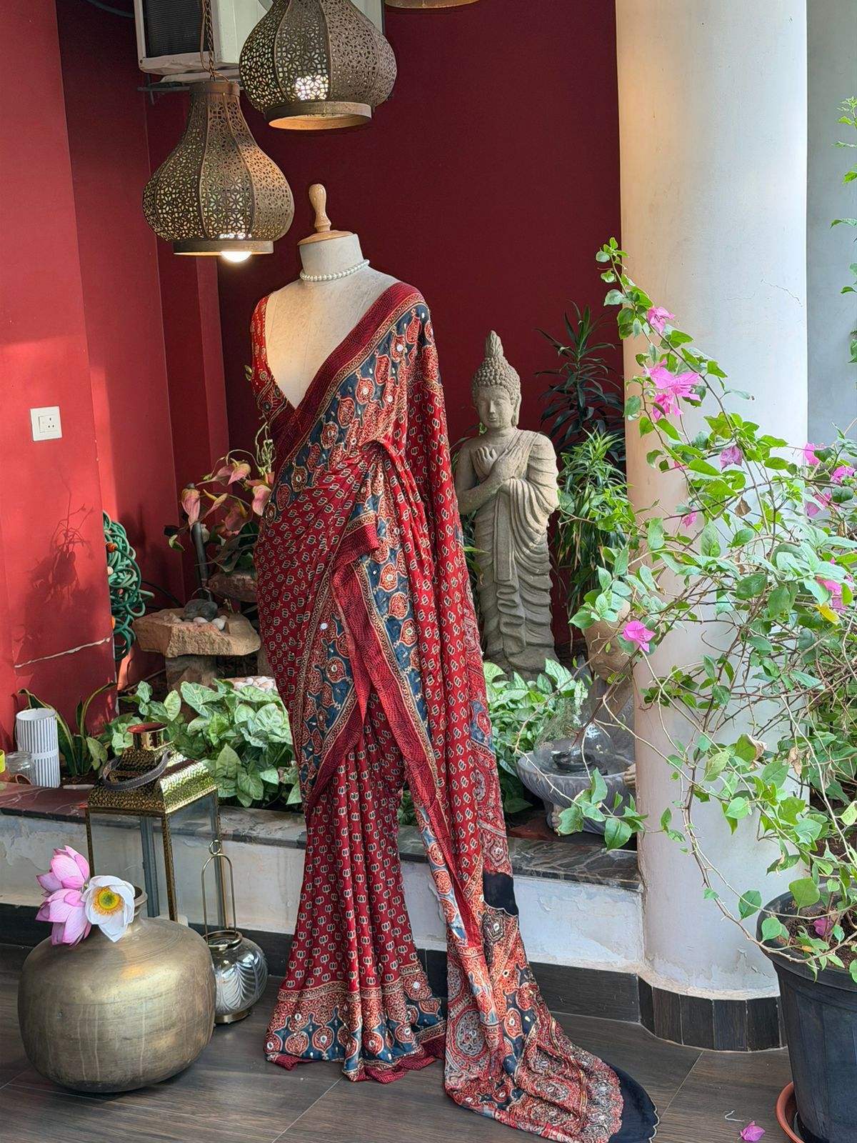 Pure Modal Ajrak Zardosi Real Mirror Work Saree with Blouse Fabric