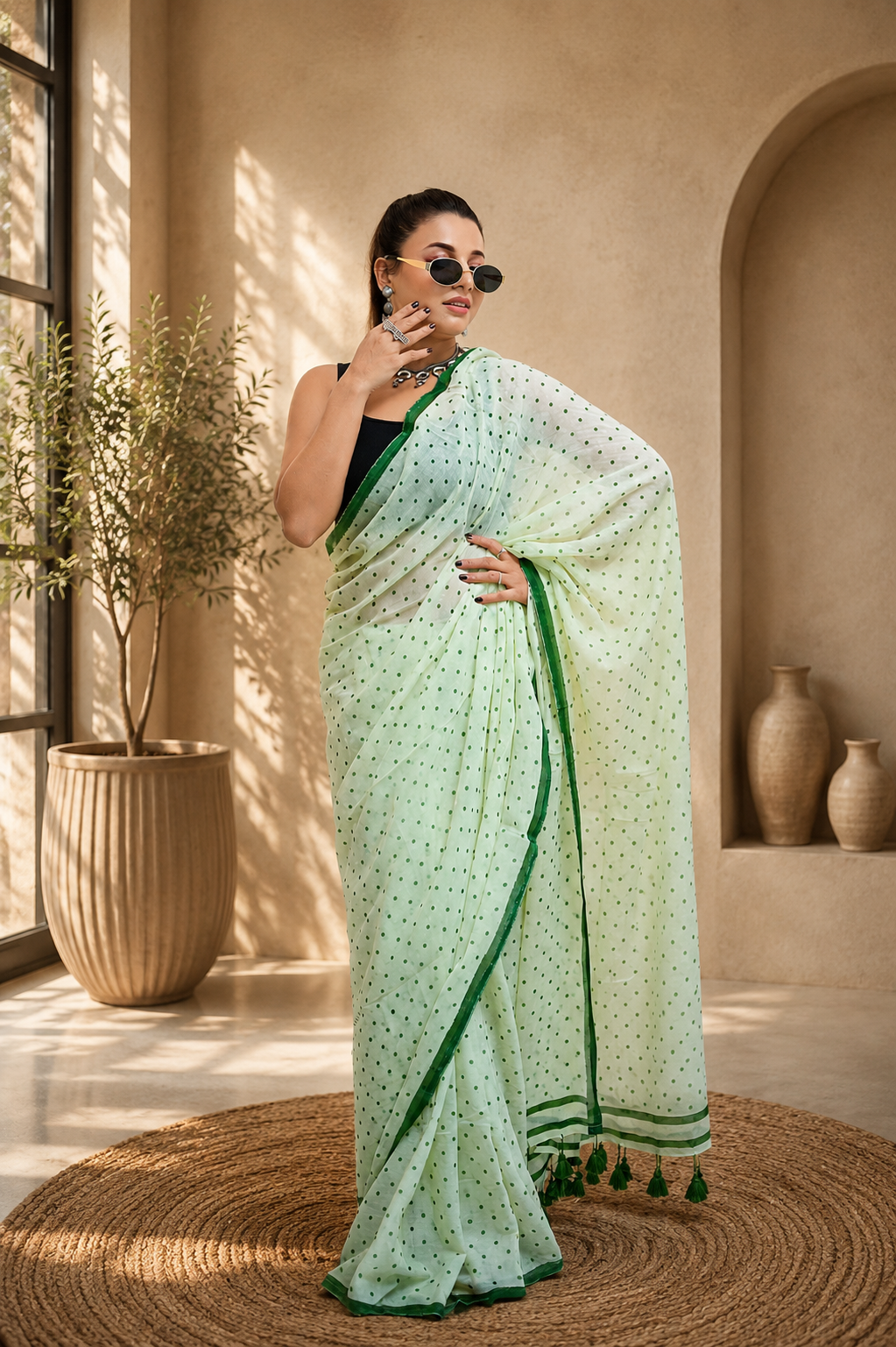 Green Polka Dot Malcotton Saree