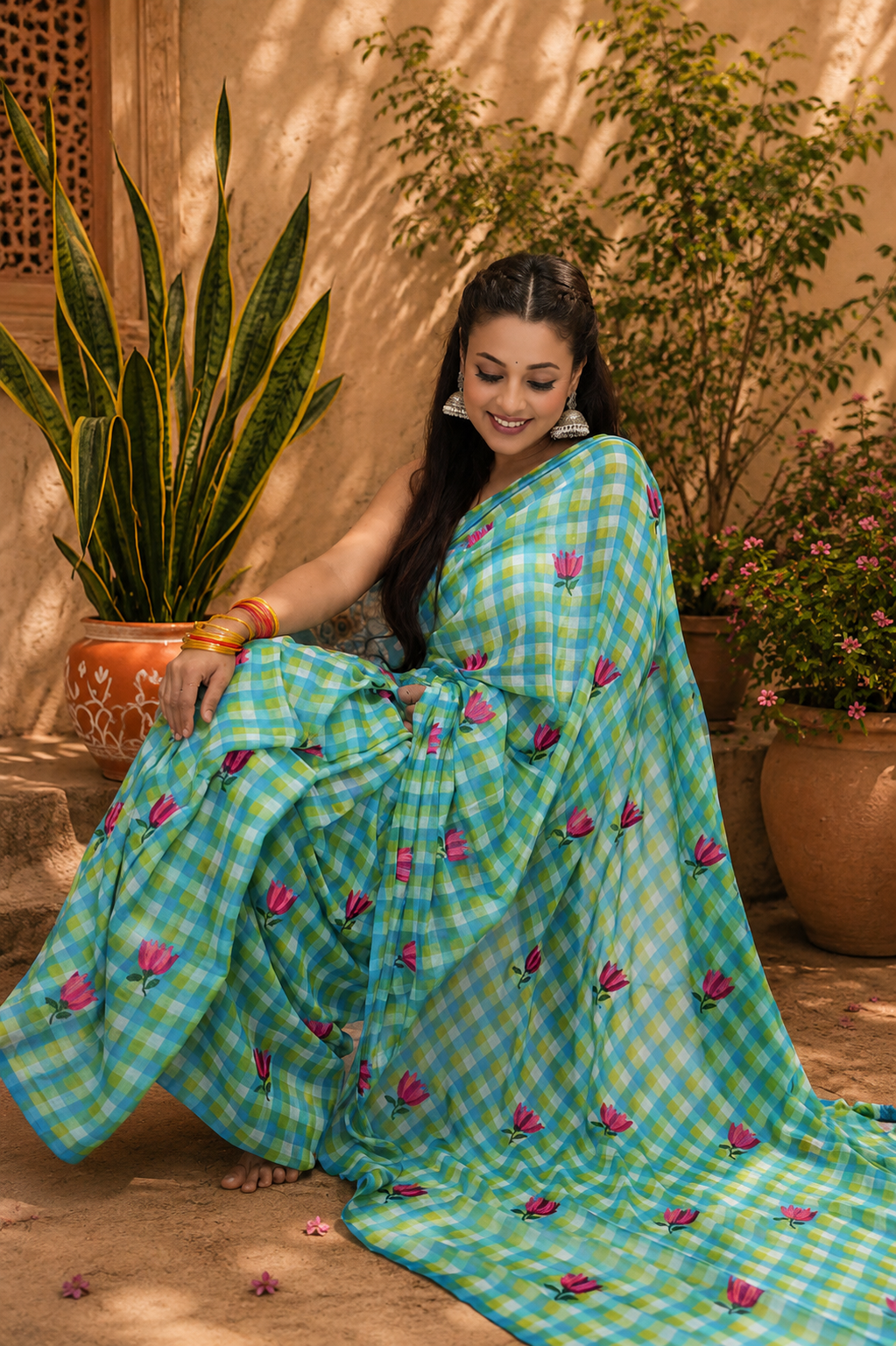 Malcotton checks tulip flower saree