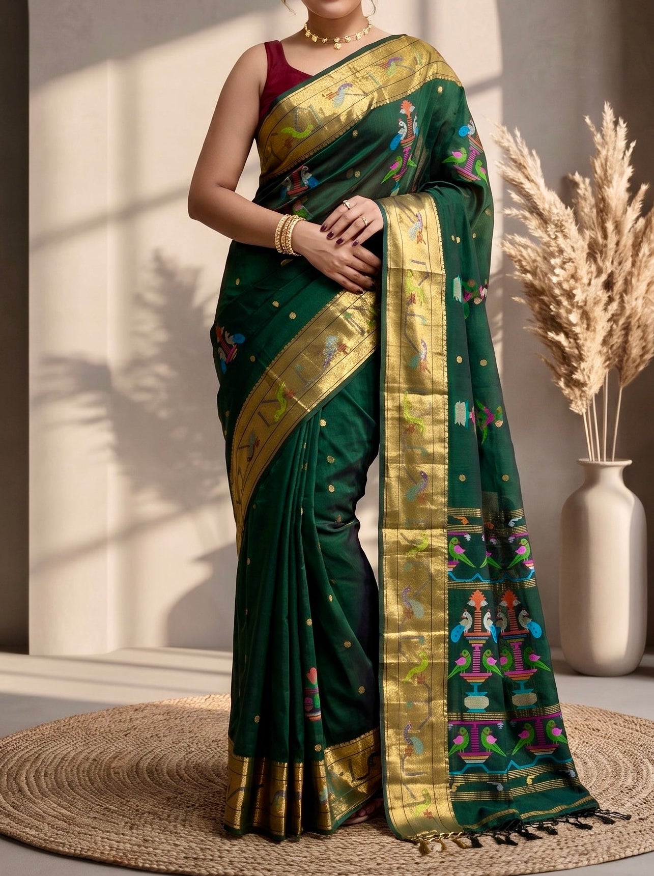 Handloom Paithani saree with Work and Running Blouse Piece(Green)