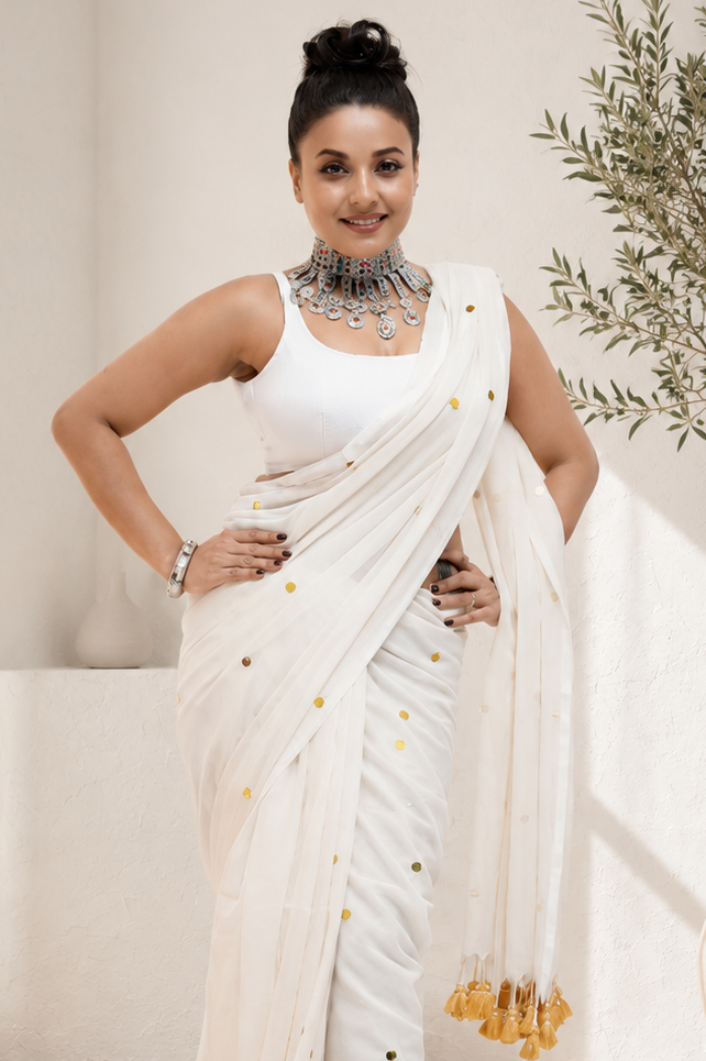 White Malcotton Sitara Work Saree