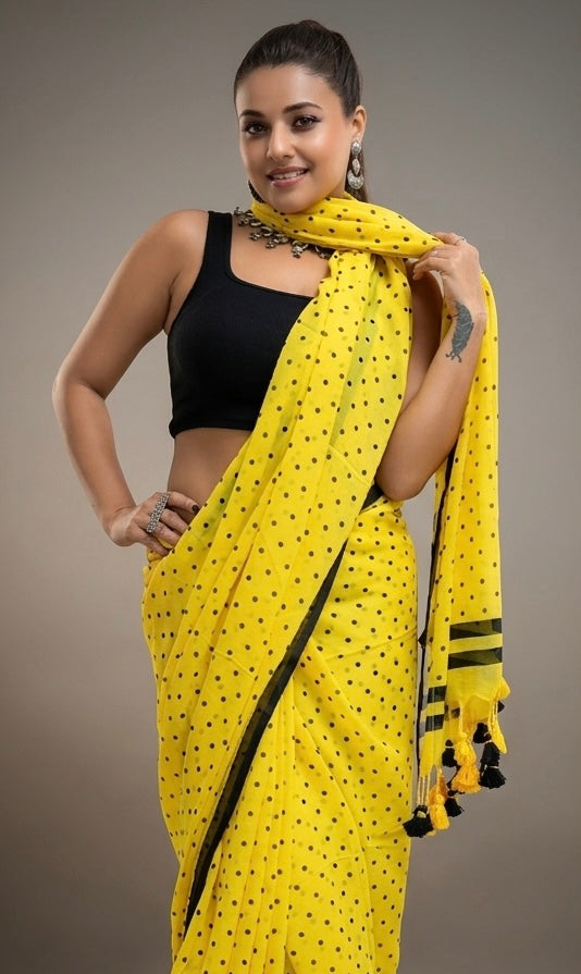 Sunshine Yellow Printed Polka Dot Georgette Saree