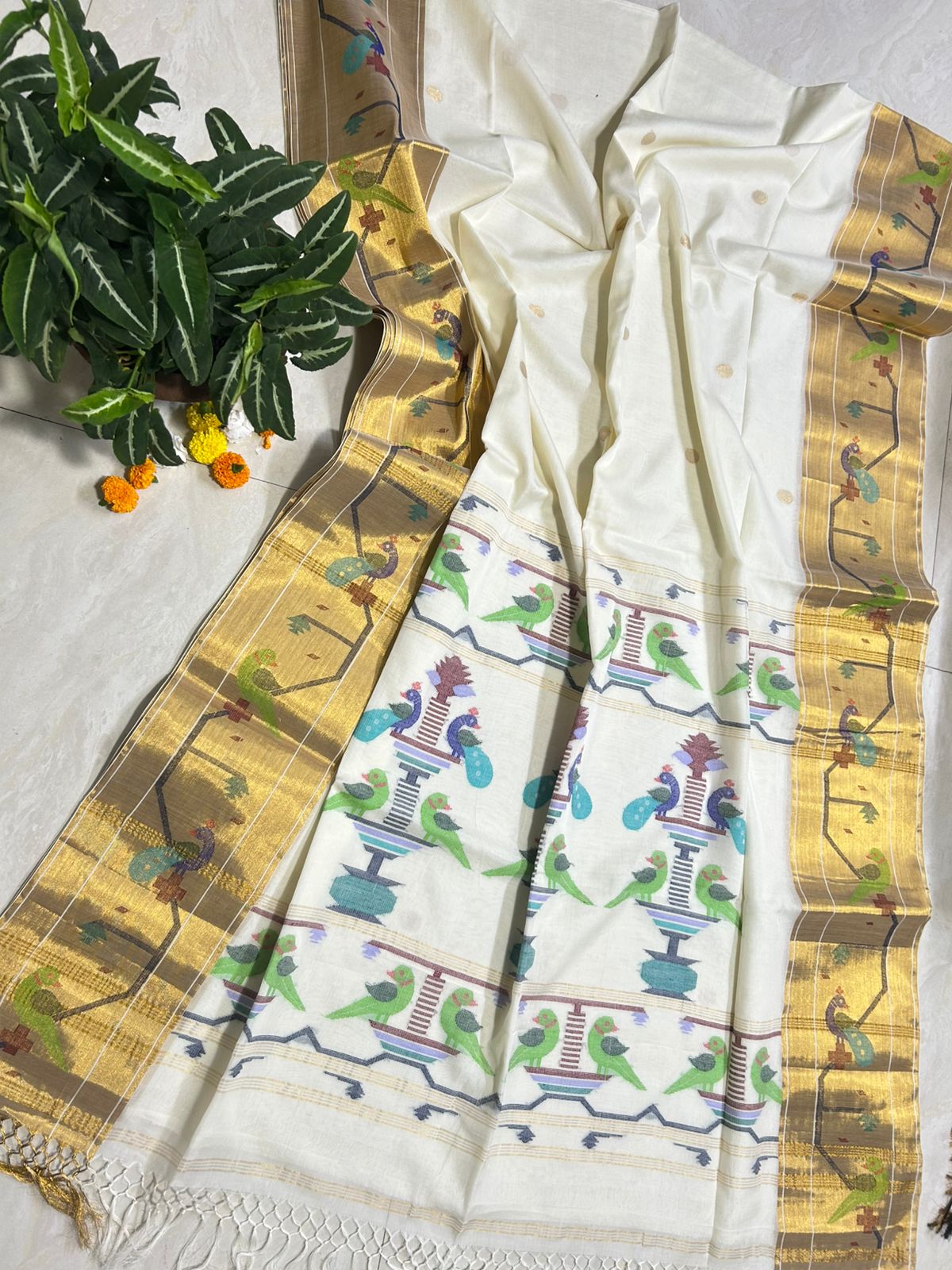 Handloom Paithani saree with Work and Running Blouse Piece (White Colour)