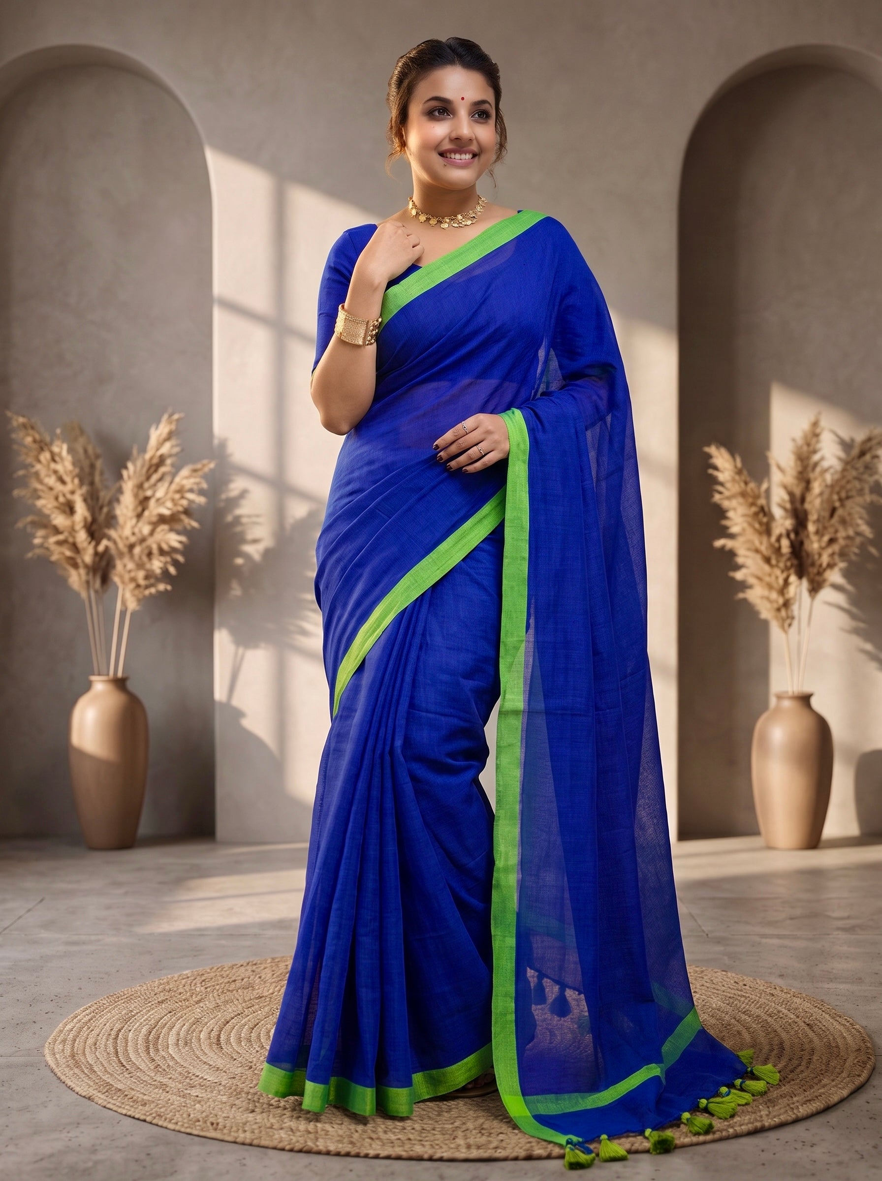Elegant Cotton Malmal Saree with Tassel Pallu | Soft & Lightweight ROYAL BLUE