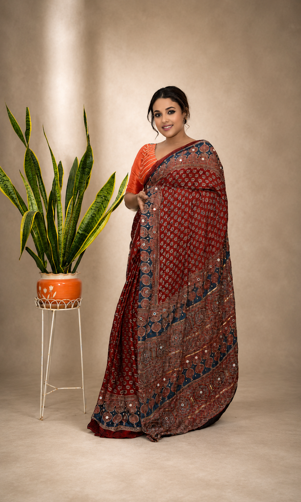 Modal silk ajrak zardusi hand work saree with running blouse piece