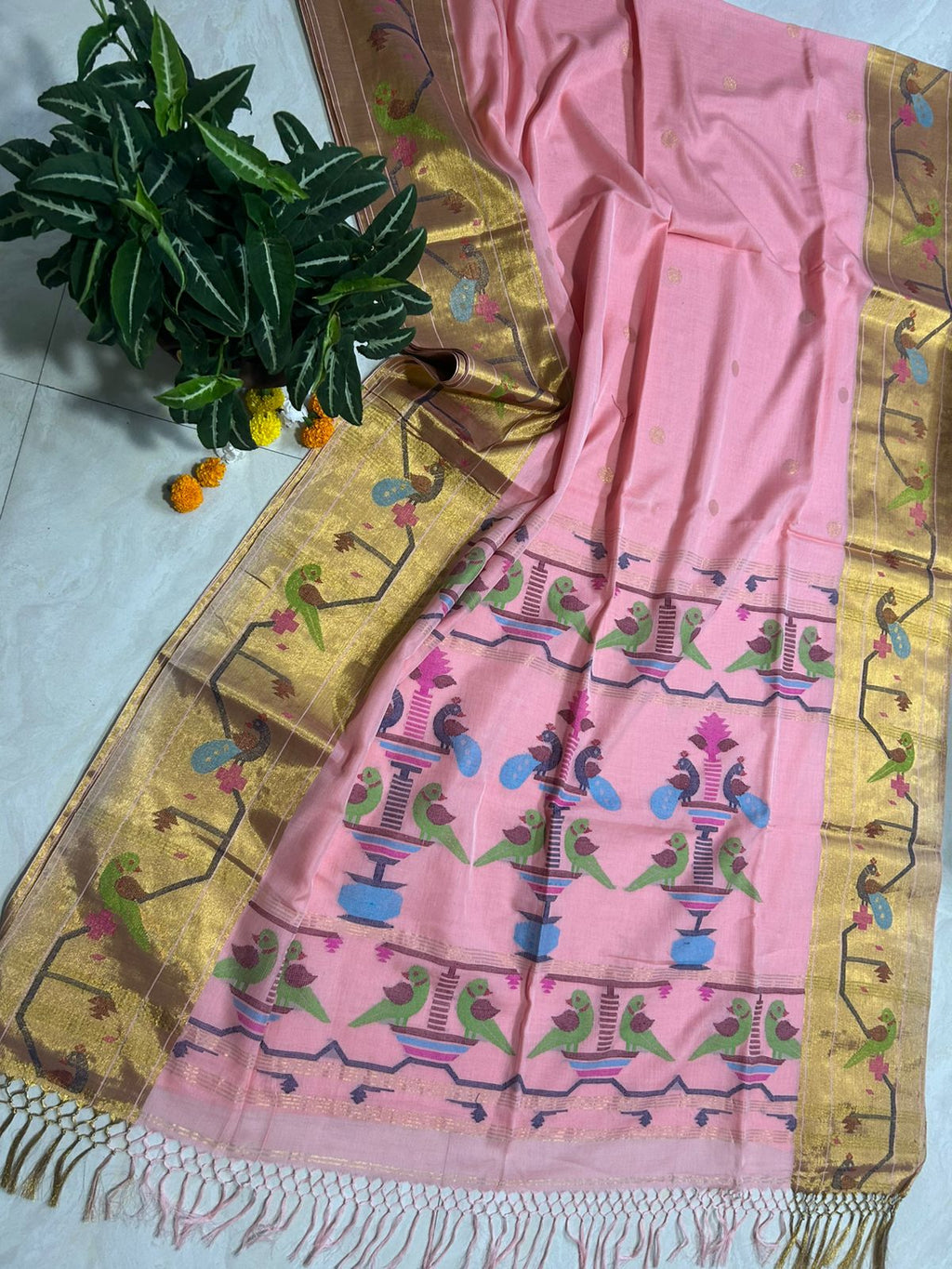 Handloom Paithani saree with Work and Running Blouse Piece(Pink)