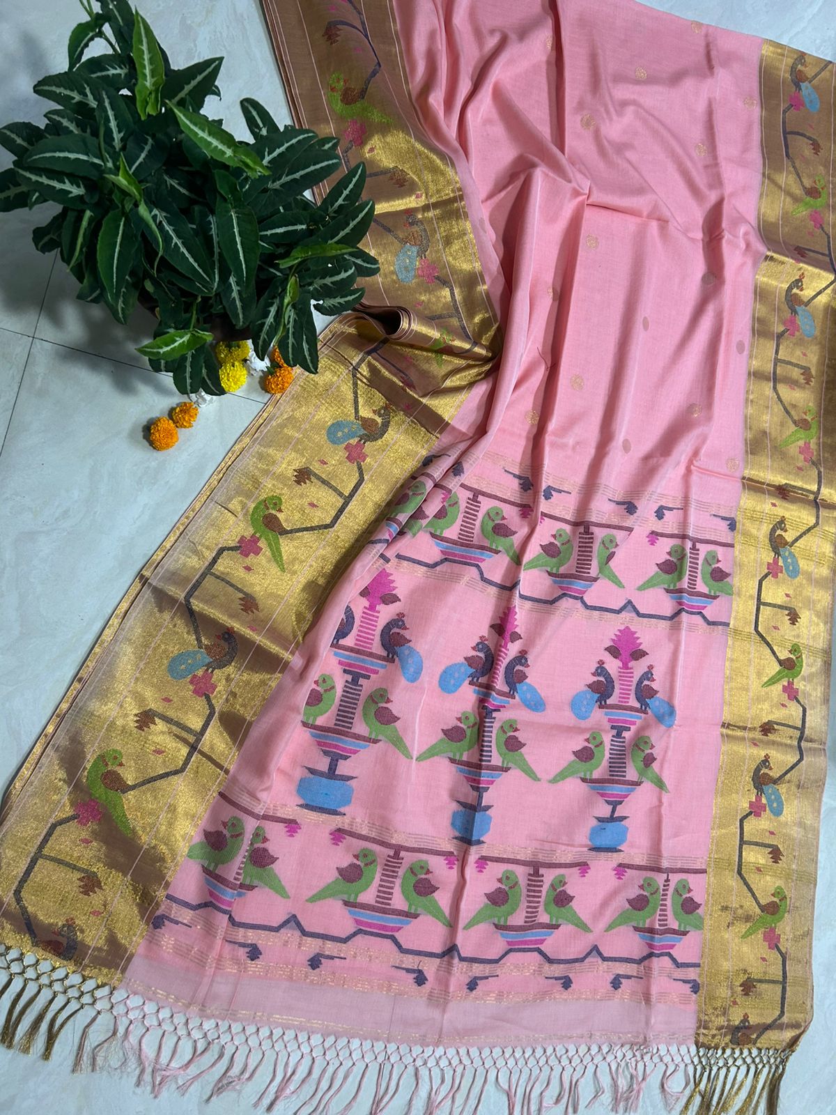 Handloom Paithani saree with Work and Running Blouse Piece(Pink)