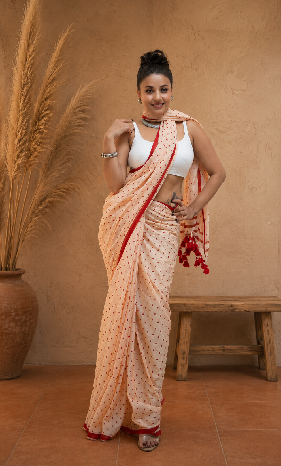 Peach polka Malcotton Saree
