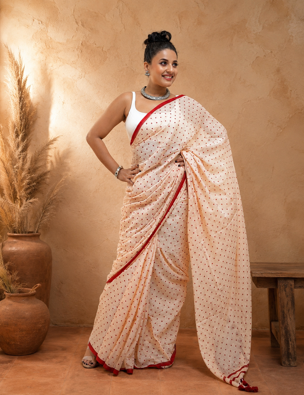Peach polka Malcotton Saree