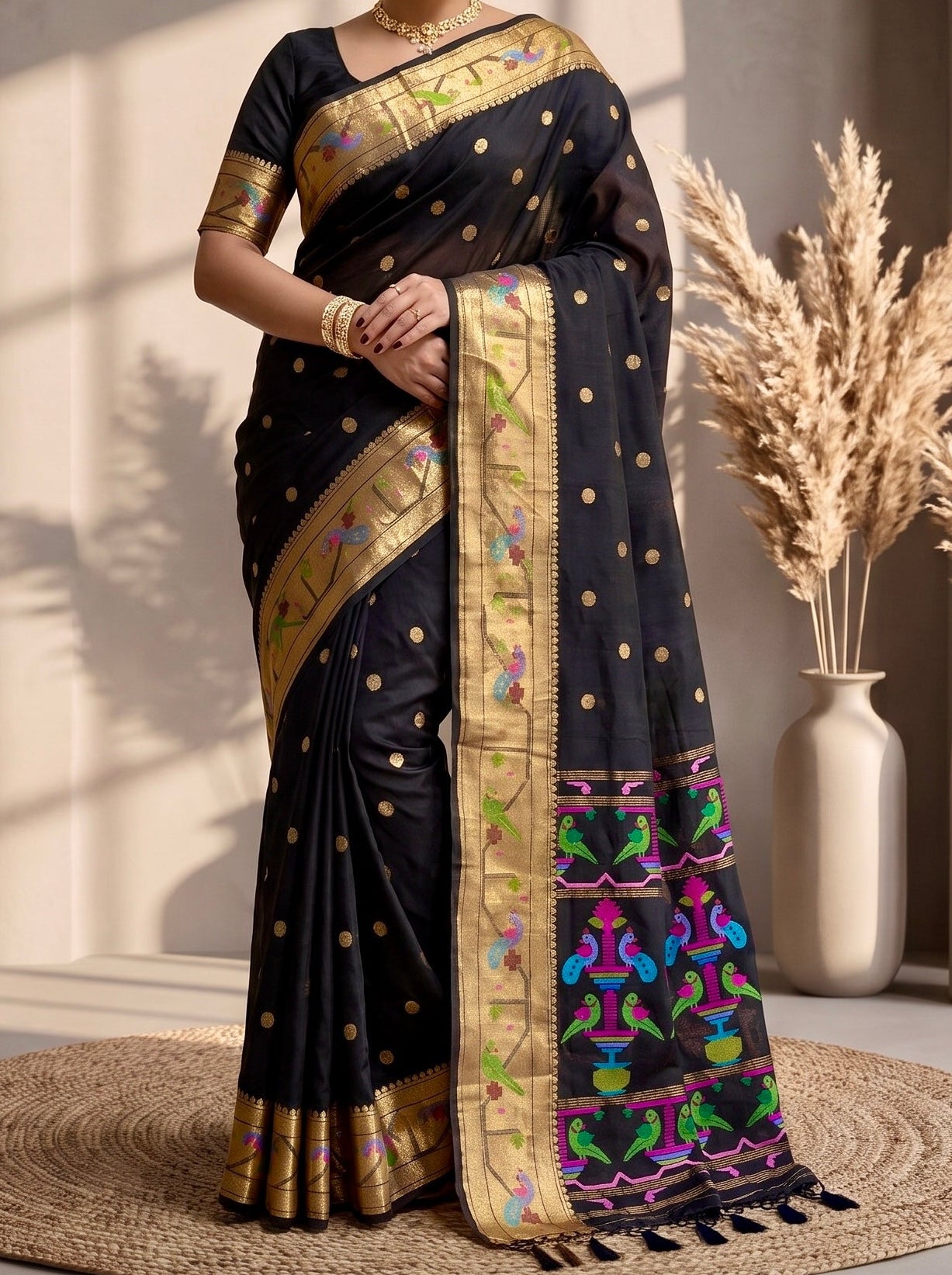 Handloom Paithani saree with Work and Running Blouse Piece(Black)