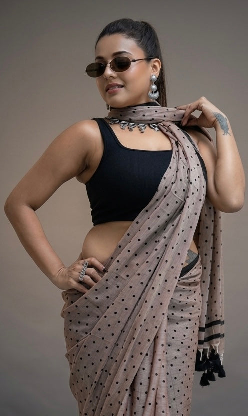 Taupe Blush Polka Dot Saree with Charcoal Piping