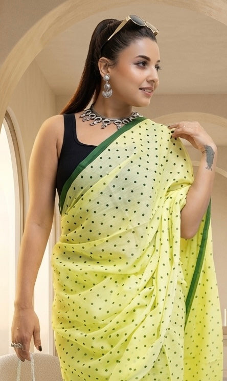 Lemon Yellow Polka Dot Malcotton Saree with Green Border