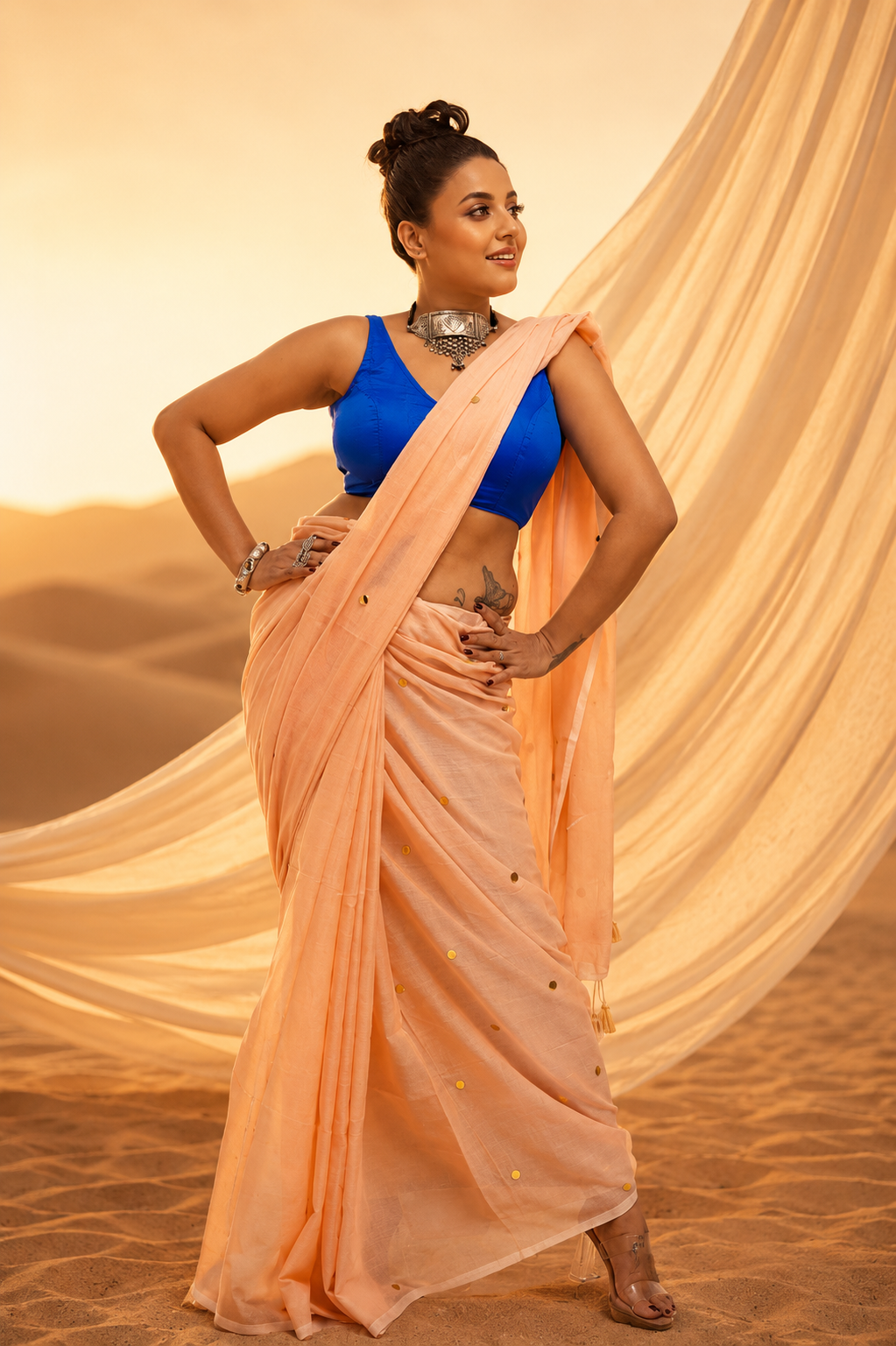 Peach Mal Cotton Sitara Saree