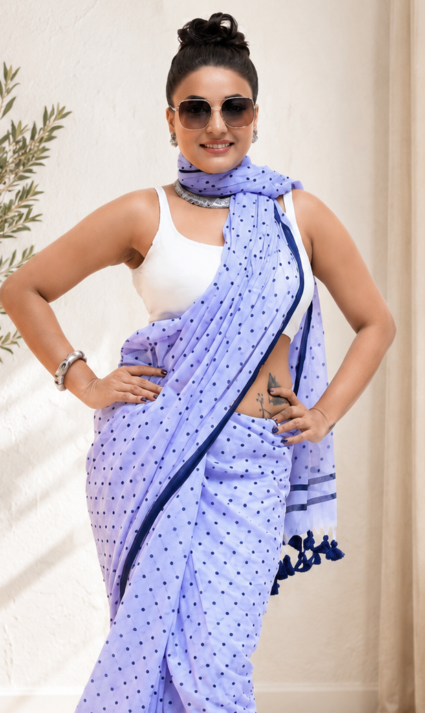 Chic Lavender Polka Dot Mal Cotton Saree