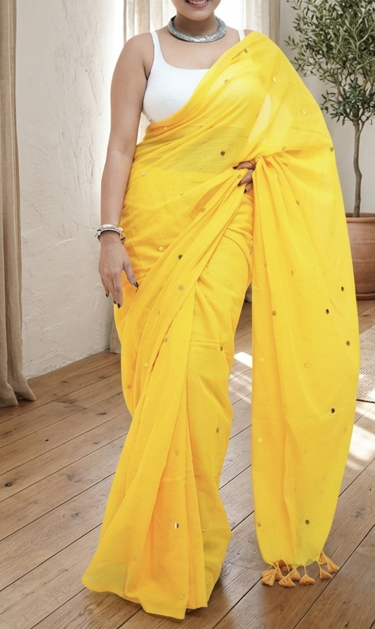 Yellow Mal Cotton Sitara Saree
