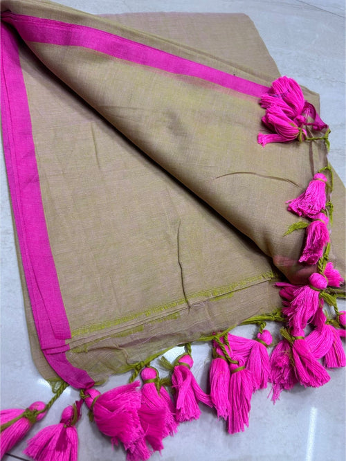 Elegant Cotton Malmal Saree with Tassel Pallu | Soft & Lightweight |BEIGE