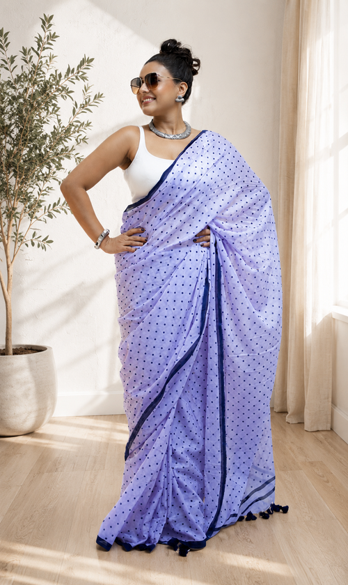 Chic Lavender Polka Dot Mal Cotton Saree