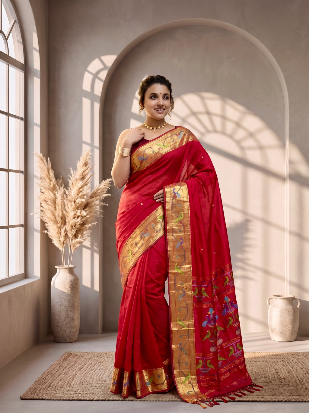 Handloom Paithani saree with Work & Running Blouse peice (Red)