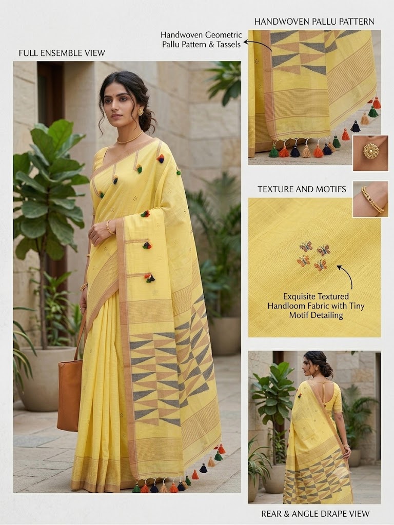 Aura of Awadh Lemon Yellow Handwoven Cotton Saree(With Running Blouse Piece)