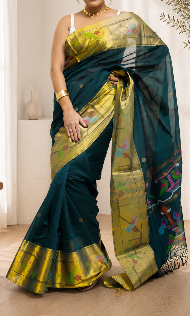 Handloom Paithani Saree in Deep Teal Green With Blouse Piece