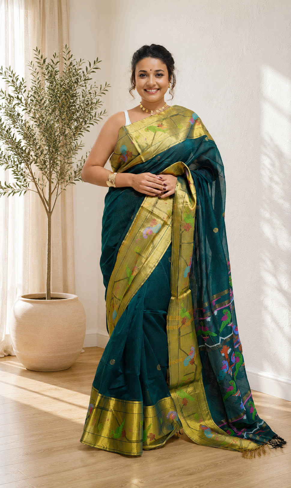 Handloom Paithani Saree in Deep Teal Green With Blouse Piece