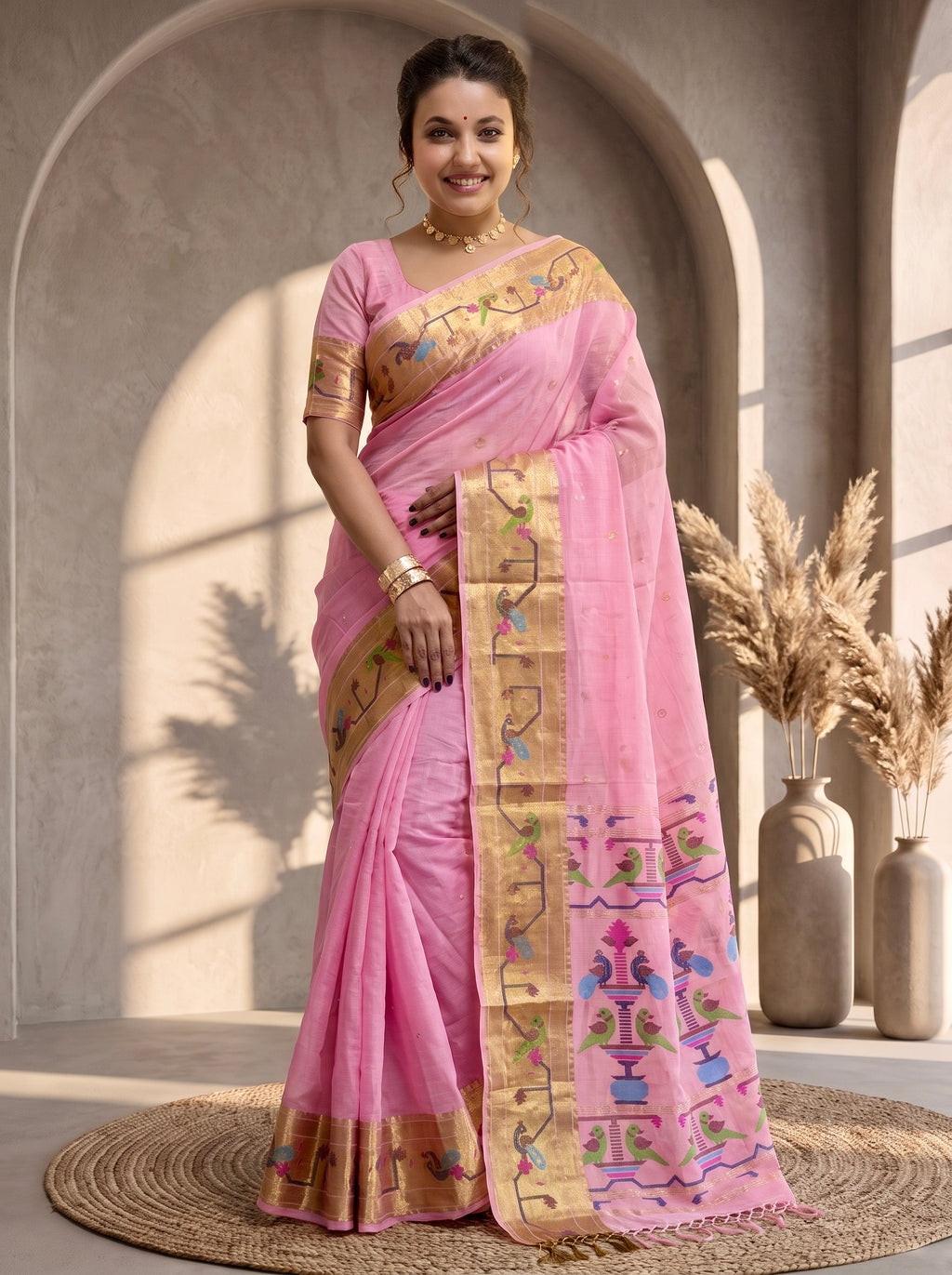 Handloom Paithani saree with Work and Running Blouse Piece(Pink)