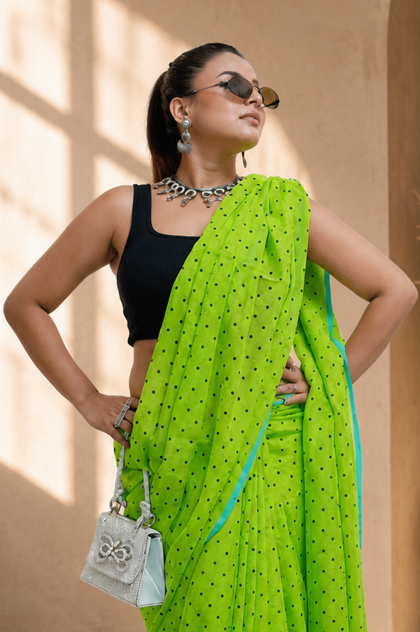 Neon Lime Polka Dot Saree with Turquoise Border