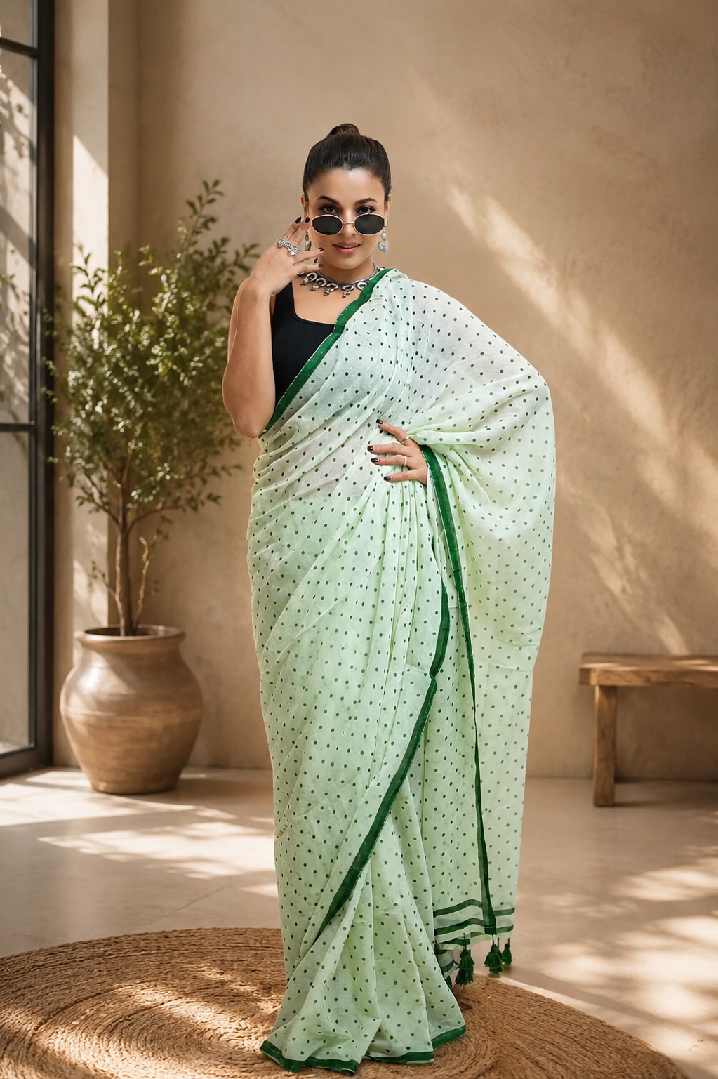 Green Polka Dot Malcotton Saree
